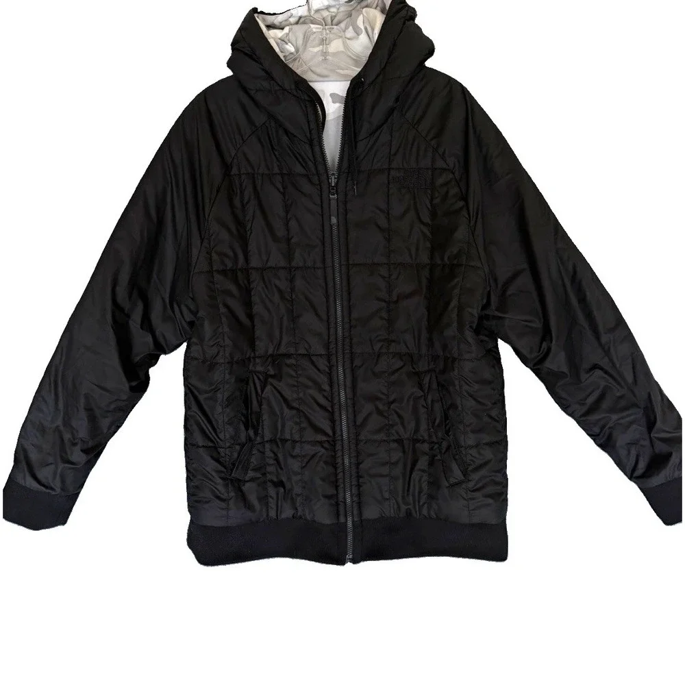Mens L The North Face, Black, Quilted Hooded Camo Lining Zip Up